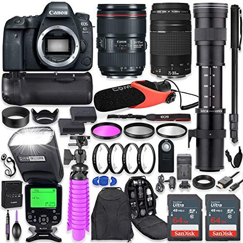 캐논 Canon EOS 6D Mark II DSLR Camera Kit with Canon 24-105mm F/4L is II USM & 75-300mm Lenses + 420-800mm Telephoto Zoom Lens + Battery Grip + TTL Flash + Comica Mic + 128GB Memory + A