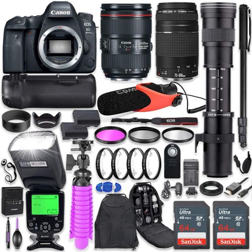 캐논 Canon EOS 6D Mark II DSLR Camera Kit with Canon 24-105mm F/4L is II USM & 75-300mm Lenses + 420-800mm Telephoto Zoom Lens + Battery Grip + TTL Flash + Comica Mic + 128GB Memory + A