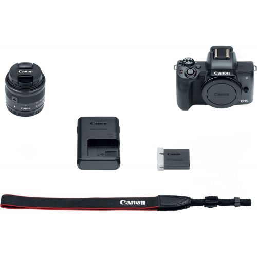 캐논 Canon EOS M50 Mirrorless Digital Camera with 15-45mm Lens (Black) 18PC Professional Package Bundle SanDisk 32gb SD + Replacement Battery LPE12 (2CT) + 57 Tripod + More