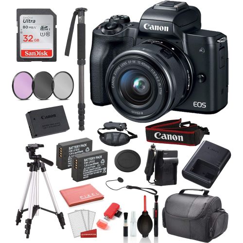 캐논 Canon EOS M50 Mirrorless Digital Camera with 15-45mm Lens (Black) 18PC Professional Package Bundle SanDisk 32gb SD + Replacement Battery LPE12 (2CT) + 57 Tripod + More