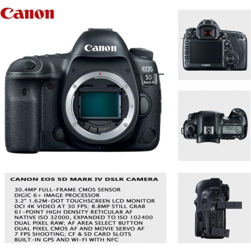 캐논 Canon EOS 5d Mark IV DSLR Camera Premium Video Creator Kit w/Canon 24-105mm f/4L is II USM Lens + Sony Monitor Series Headphones + Video LED Light + 32gb Memory + Monopod + High En