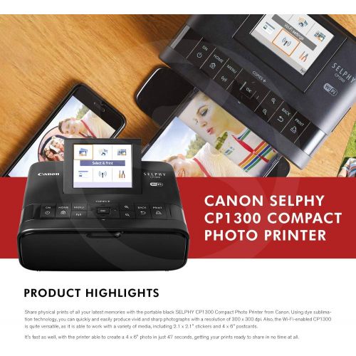 캐논 Canon SELPHY CP1300 Compact Photo Printer (Black) with WiFi and Accessory Bundle w/Canon Color Ink and Paper Set