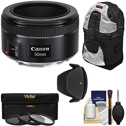 캐논 Canon EF 50mm f/1.8 STM Lens with 3 Filters + Hood + Backpack Kit for EOS 6D, 70D, 7D, 5DS, 5D Mark III, Rebel T3, T3i, T5, T5i, T6i, T6s, SL1 Camera