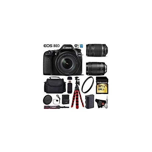 캐논 Canon EOS 80D DSLR Camera with 18-135mm is STM Lens & 55-250mm is II Lens + Flexible Tripod + UV Protection Filter + Professional Case + Card Reader - International Version