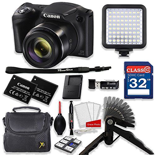 캐논 Canon PowerShot SX420 is 20MP 42X Optical Zoom Digital Camera Video Creator Kit (Black)+ 32GB High Speed Memory Card + Steady Grip + LED Video Light + Extra Battery + Professional