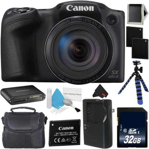 캐논 Canon PowerShot SX420 is Digital Camera (Black) 1068C001 International Model + NB-11L Lithium Ion Battery + 32GB Memory Card - Bundle