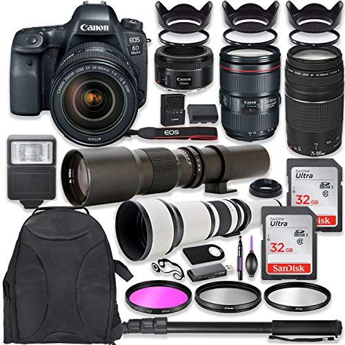 캐논 Canon EOS 6D Mark II DSLR Camera w/ 24-105mm USM Lens Bundle + Canon EF 75-300mm III Lens, Canon 50mm f/1.8, 500mm Lens & 650-1300mm Lens + Deluxe Backpack + 64GB Memory + Monopod