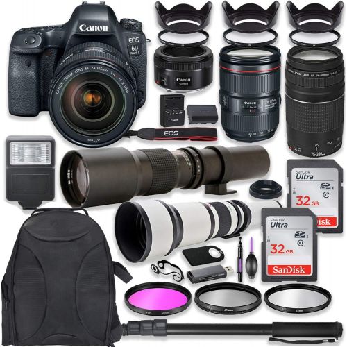 캐논 Canon EOS 6D Mark II DSLR Camera w/ 24-105mm USM Lens Bundle + Canon EF 75-300mm III Lens, Canon 50mm f/1.8, 500mm Lens & 650-1300mm Lens + Deluxe Backpack + 64GB Memory + Monopod