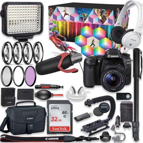 캐논 Canon EOS 80D DSLR Camera Premium Video Kit with Canon 18-55mm Lens + Sony Monitor Series Headphones + Video LED Light + 32gb Memory + Monopod + High End Accessory Bundle