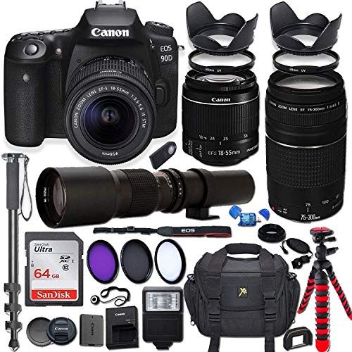 캐논 Canon EOS Rebel 90D DSLR Camera with 18-55mm is STM Lens Bundle + Canon EF 75-300mm f/4-5.6 III Lens and 500mm Preset Lens + 64GB Memory + Filters + Monopod + Spider Tripod + Profe