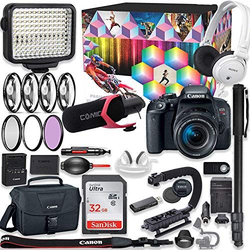 캐논 Canon EOS Rebel T7i DSLR Camera Premium Video Kit with Canon 18-55mm Lens + Sony Monitor Series Headphones + Video LED Light + 32gb Memory + Monopod + High End Accessory Bundle