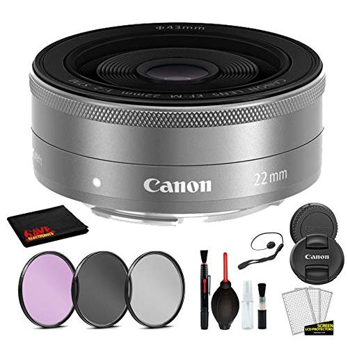 캐논 Canon EF-M 22mm f/2 STM Lens (Silver) (9808B002) Lens with Bundle Package Kit Includes 3pc Filter Kit (UV, CPL, FLD) + Deluxe Cleaning Kit + More