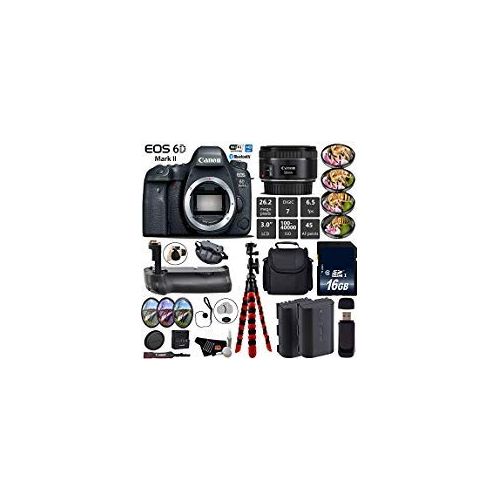 캐논 Canon EOS 6D Mark II DSLR Camera With 50mm 1.8 STM Lens + Professional Battery Grip + 4PC Macro Filter Kit + LED Kit + Extra Battery + Case + Wrist Strap + Tripod + Card Reader - I