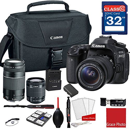 캐논 Canon EOS 80D DSLR Camera w/EF-S 18-55mm f/3.5-5.6 is STM and EF 75-300mm f/4-5.6 III Lenses + 32GB Memory + Canon Camera Case + More