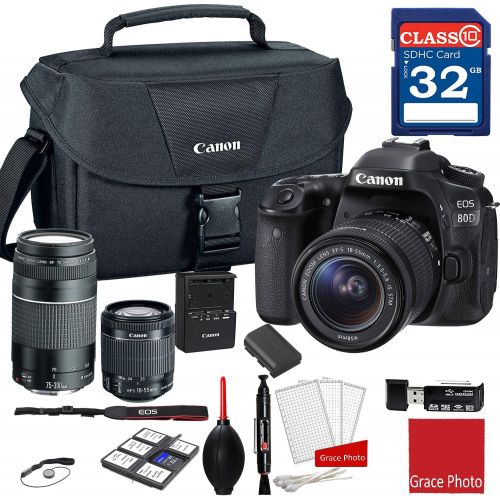 캐논 Canon EOS 80D DSLR Camera w/EF-S 18-55mm f/3.5-5.6 is STM and EF 75-300mm f/4-5.6 III Lenses + 32GB Memory + Canon Camera Case + More