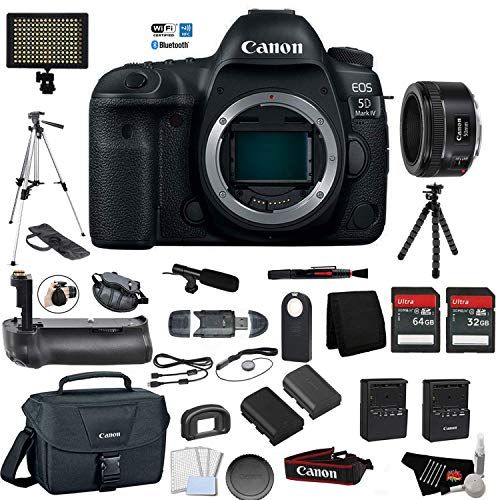 캐논 Canon EOS 5D Mark IV Full Frame Digital SLR Camera Body - Bundle with Canon EF 50 F 1.8 STM Lens Battery Grip + Microphone + Screen Protectors + More (International Version)