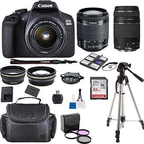 캐논 Canon EOS 2000D Rebel T7 Kit with EF-S 18-55mm f/3.5-5.6 III Lens + Canon 75-300 Lens F/4.5-5.6 III + Accessory Bundle + Model Electronics Cloth