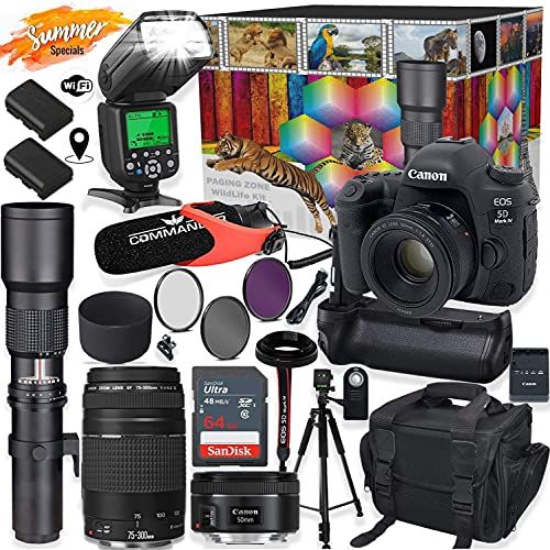 캐논 Canon EOS 5D Mark IV DSLR Camera with 50mm f/1.8 & 75-300mm III Lens + 500mm Preset Telephoto Wildlife Bundle