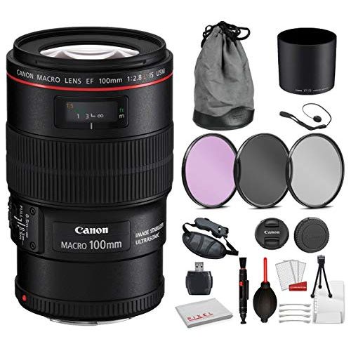 캐논 Canon EF 100mm f/2.8L Macro is USM Lens (3554B002) Bundle with Professional Bundle Package Kit for Canon EOS Includes: 3PC Filter Kit, Pro Camera Hand Strap + More