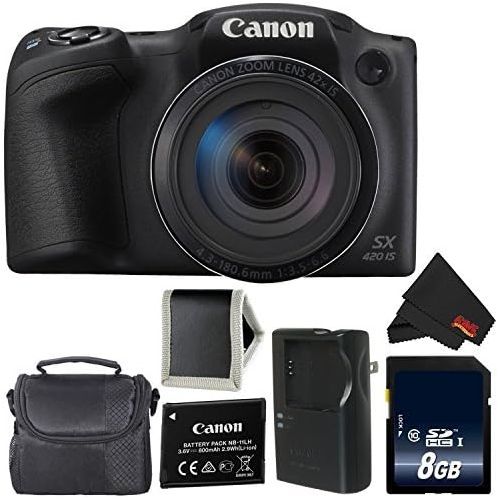 캐논 Canon PowerShot SX420 is Digital Camera (Black) 1068C001 International Model + 8GB Memory Card + Carrying Case - Bundle