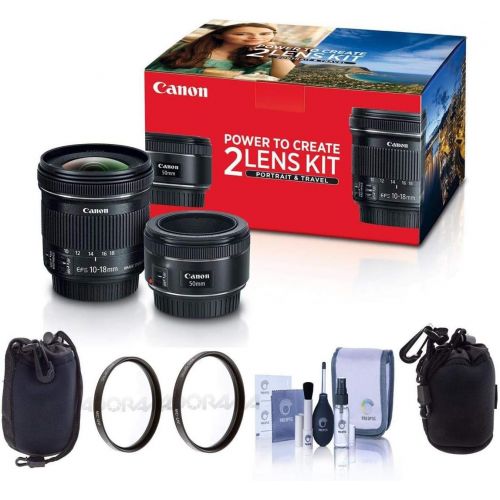 캐논 Canon Portrait & Travel 2 Lens Kit - EF 50mm f/1.8 STM Lens & EF-S 10-18mm f/4.5-5.6 is STM Lens - Bundle with 49mm/67mm Uv Filters, Small Lens Pouch, Medium Lens Pouch, Cleaning K