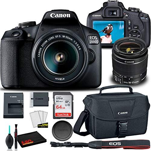 캐논 Canon EOS 2000D DSLR Camera with 18-55mm Lens + Canon EOS Bag + Sandisk Ultra 64GB Card + Cleaning Set and More (International Model)