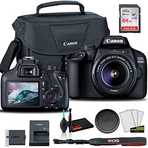 캐논 Canon EOS 4000D DSLR Camera with 18-55mm Lens + Canon EOS Bag + Sandisk Ultra 64GB Card + Cleaning Set and More (International Model)