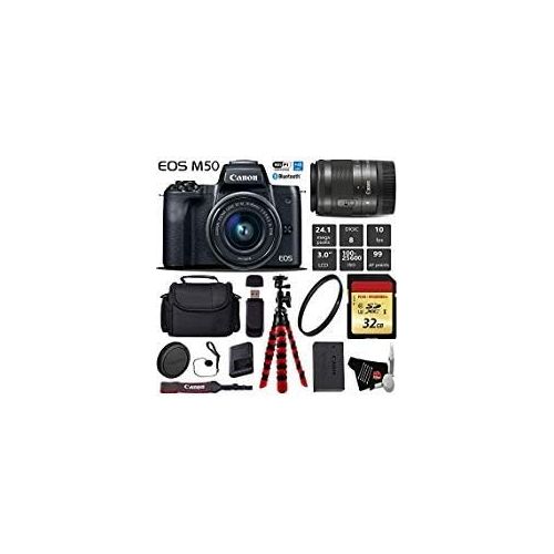 캐논 Canon EOS M50 Mirrorless Digital Camera with 15-45mm Lens + Flexible Tripod + UV Protection Filter + Professional Case + Card Reader - International Version Bundle