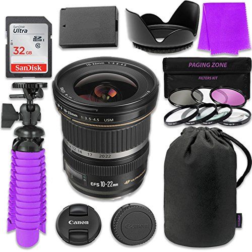 캐논 Canon EF-S 10?22mm f/3.5?4.5 USM Lens Bundle with SanDisk 32GB Memory Card, LP-E10 Replacement Battery, Flexible Gorillapod & 3 Piece Filter Kit for Canon EOS Rebel T5, T6 Digital