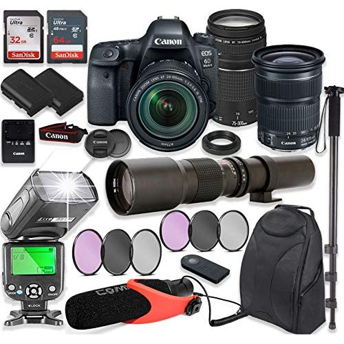 캐논 Canon EOS 6D Mark II DSLR Camera with Canon EF 24-105mm is STM Lens & EF 75-300mm III Lens + 500mm Preset Wildlife Lens + Auto TTL Flash + Backpack + Comica Microphone with Profess