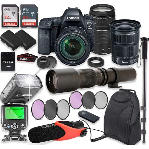 캐논 Canon EOS 6D Mark II DSLR Camera with Canon EF 24-105mm is STM Lens & EF 75-300mm III Lens + 500mm Preset Wildlife Lens + Auto TTL Flash + Backpack + Comica Microphone with Profess