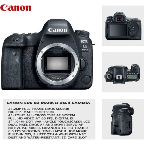 캐논 Canon EOS 6D Mark II DSLR Camera with Canon EF 24-105mm is STM Lens & EF 75-300mm III Lens + 500mm Preset Wildlife Lens + Auto TTL Flash + Backpack + Comica Microphone with Profess