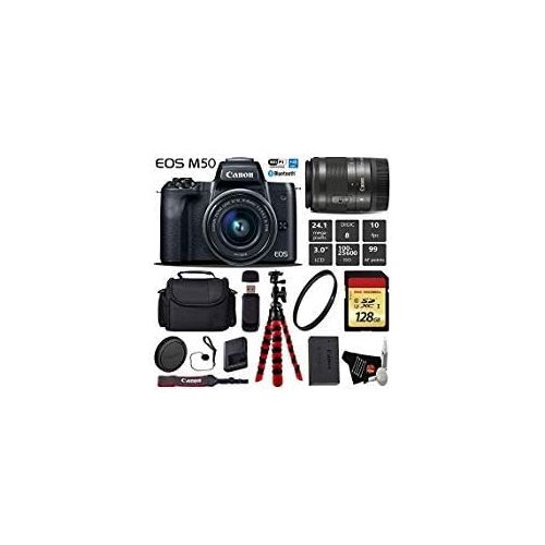 캐논 Canon EOS M50 Mirrorless Digital Camera with 15-45mm Lens + Flexible Tripod + UV Protection Filter + Professional Case + Card Reader - International Version