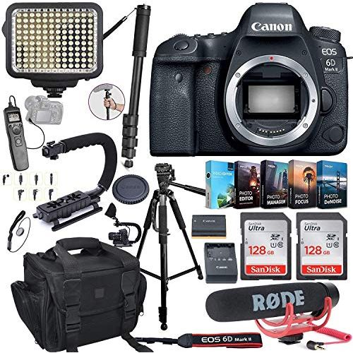 캐논 Canon EOS 6D Mark II DSLR Camera (Body Only) Bundle Includes 2X 128GB Memory, LED Video Light, Case, Rode Microphone, U-Grip, Time Remote with LCD, Photo/Video Software Package & M