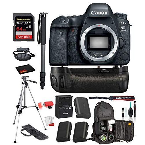 캐논 Canon EOS 6D Mark II DSLR Camera (Body Only) (1897C002) Professional Bundle Package Battery Grip + Replacement Battery (2CT) + SanDisk Extreme pro 64gb SD Card + More