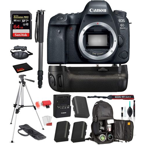 캐논 Canon EOS 6D Mark II DSLR Camera (Body Only) (1897C002) Professional Bundle Package Battery Grip + Replacement Battery (2CT) + SanDisk Extreme pro 64gb SD Card + More