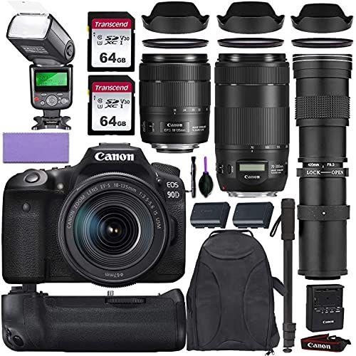 캐논 Canon EOS 90D DSLR Camera w/Canon 18-135mm is USM, Canon 70-300mm is II USM & Commander 420-800mm Telephoto Lens + Elegant Accessory Kit (2X 64GB Memory Card, Backpack, TTL Flash &