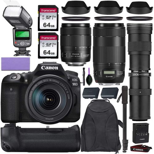 캐논 Canon EOS 90D DSLR Camera w/Canon 18-135mm is USM, Canon 70-300mm is II USM & Commander 420-800mm Telephoto Lens + Elegant Accessory Kit (2X 64GB Memory Card, Backpack, TTL Flash &