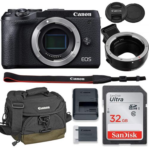 캐논 Canon EOS M6 Mark II Mirrorless Digital Camera (Black) Body Only Kit with Auto (EF/EF-S to EF-M) Mount Adapter + 32GB Sandisk Memory + 100EG Padded Case and More.