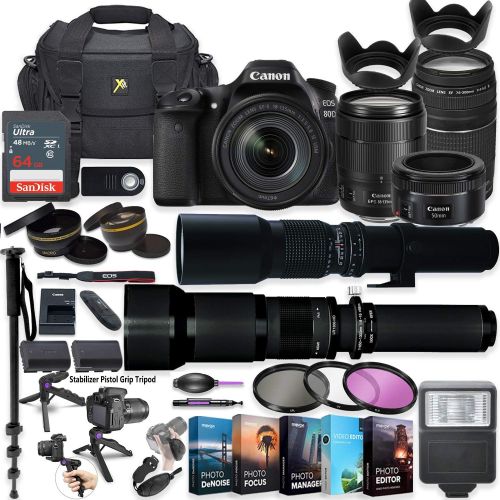 캐논 Canon EOS 80D DSLR Camera with 18-135mm Lens, 50mm f/1.8, 75-300mm Lenses + 500mm & 650-1300mm Preset Lenses + 5 Photo/Video Editing Software Package & Professional Accessory Kit