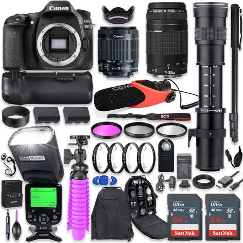 캐논 Canon EOS 80D DSLR Camera Kit with Canon 18-55mm & 75-300mm Lenses + 420-800mm Telephoto Zoom Lens + Battery Grip + TTL Flash (Upto 180 Ft) + Comica Microphone + 128GB Memory + Acc