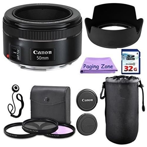 캐논 Canon 50mm f/1.8 STM Camera Fixed Lens. PagingZone Deluxe Kit Includes, 3Piece Filter Set + Lens Case + Lens Hood + 32GB Class 10 Card. For EOS 6D, 70D, 5D MK II III, Rebel T3, T3i