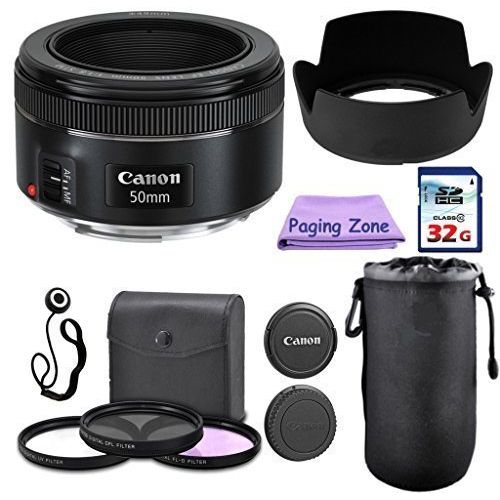 캐논 Canon 50mm f/1.8 STM Camera Fixed Lens. PagingZone Deluxe Kit Includes, 3Piece Filter Set + Lens Case + Lens Hood + 32GB Class 10 Card. For EOS 6D, 70D, 5D MK II III, Rebel T3, T3i