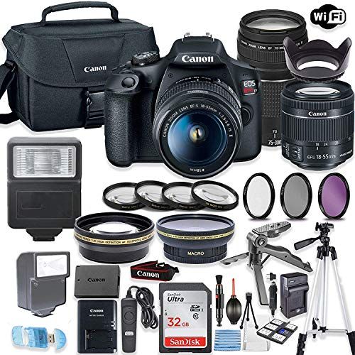 캐논 Canon EOS Rebel T7 Camera w/Canon EF-S 18-55mm is II Lens & 75-300mm f/4-5.6 III Lens + 32GB Sandisk Memory + Canon Case + High Speed Slave Flash + Accessory Bundle