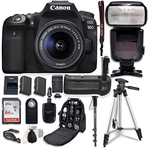 캐논 Canon EOS 90D Digital SLR Camera & 18-55mm STM Lens Bundle with Battery Grip & Professional Accessory Bundle (16 Items)