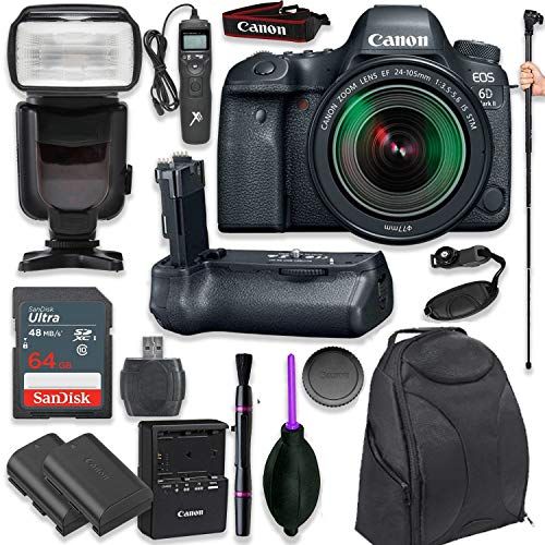 캐논 Canon EOS 6D Mark II DSLR with EF 24-105mm f/3.5-5.6 is STM Lens with Pro Camera Battery Grip, Professional TTL Flash, Deluxe Backpack, Spare LP-E6 Battery (17 Items)