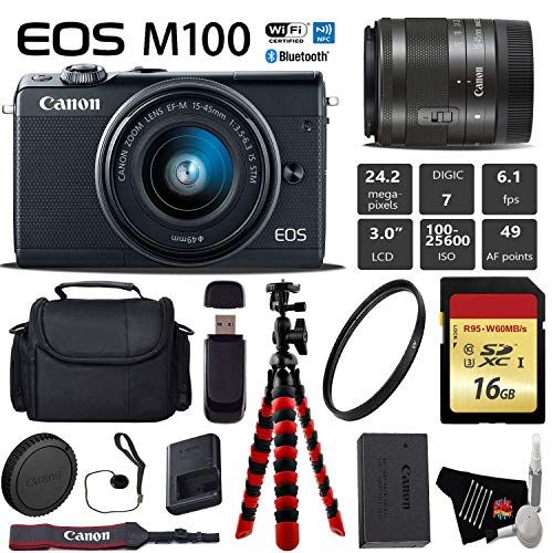 캐논 Canon EOS M100 Mirrorless Digital Camera (Black) with 15-45mm Lens + Flexible Tripod + UV Protection Filter + Professional Case + Card Reader - International Version