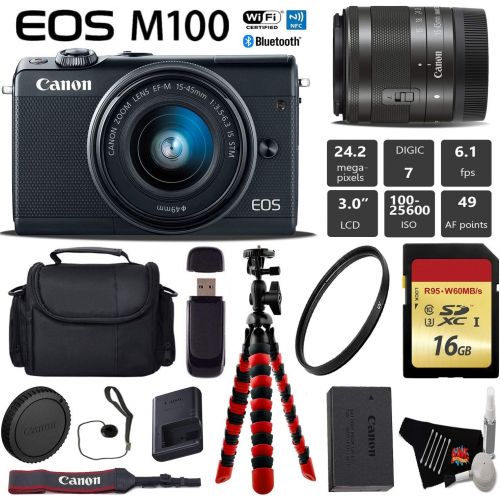 캐논 Canon EOS M100 Mirrorless Digital Camera (Black) with 15-45mm Lens + Flexible Tripod + UV Protection Filter + Professional Case + Card Reader - International Version