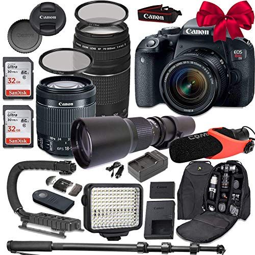 캐논 Canon EOS Rebel T7i DSLR Camera Bundle with Canon EF-S 18-55mm f/4-5.6 is STM Lens + Canon EF 75-300mm f/4-5.6 III Lens + 500mm f/8 Preset Lens + Accessory Kit