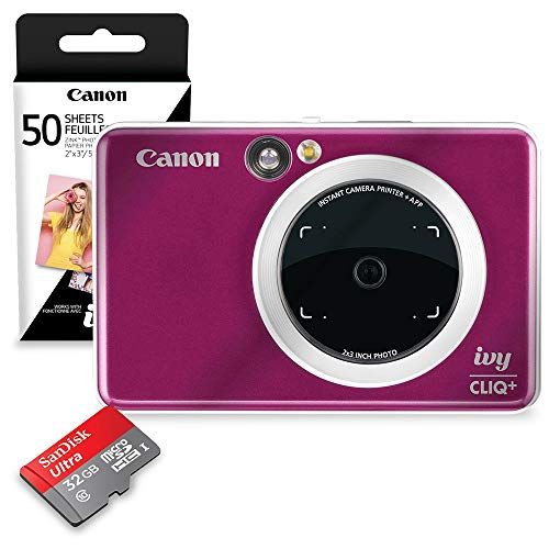 캐논 Canon Ivy CLIQ+ Instant Camera Printer (Ruby Red) + 60 Sheets Photo Paper + 32GB SD Card (USA Warranty)